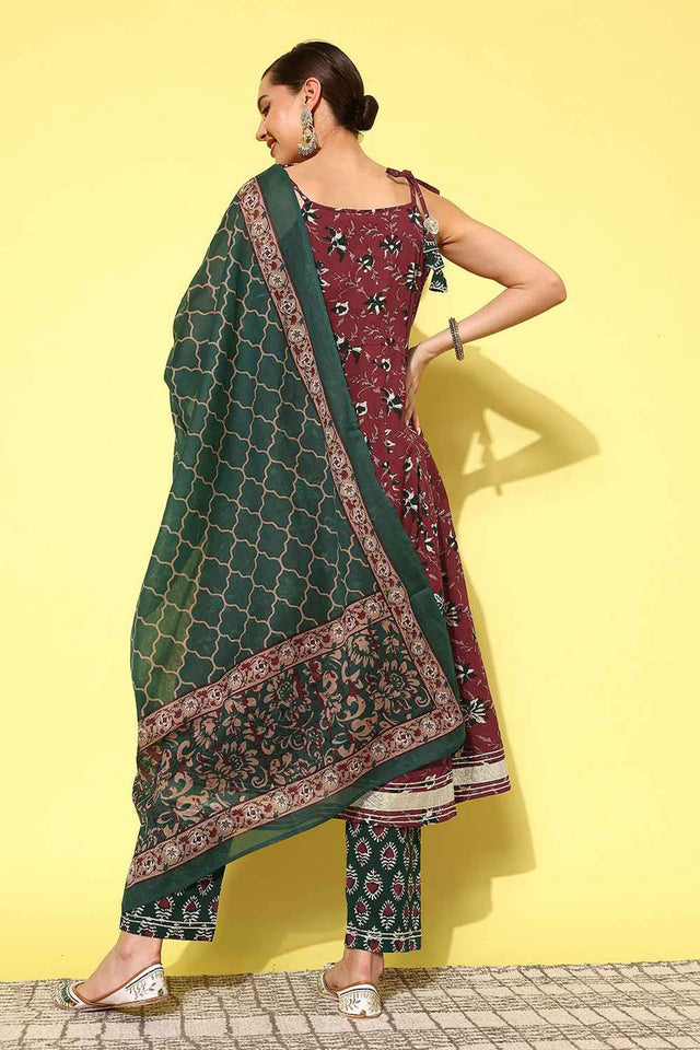 Red Floral Print Pure Cotton Kurti Pant Set