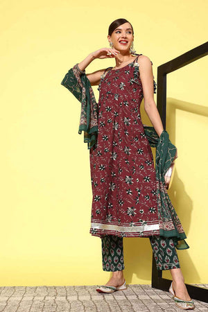 Red Floral Print Pure Cotton Kurti Pant Set