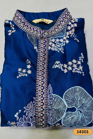 Mens Navy Blue Sequin with Floral Embroidered Satin Kurta Set (14301)