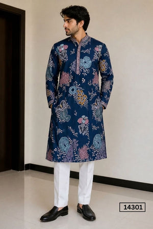 Mens Navy Blue Sequin with Floral Embroidered Satin Kurta Set (14301)