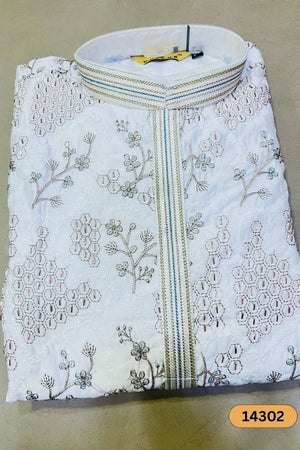 Mens Cream Sequin with Floral Embroidered Silk Kurta Set (14302)