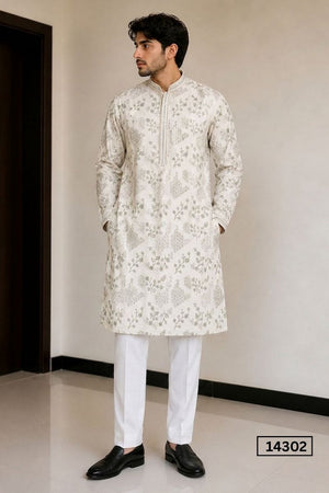 Mens Cream Sequin with Floral Embroidered Silk Kurta Set (14302)