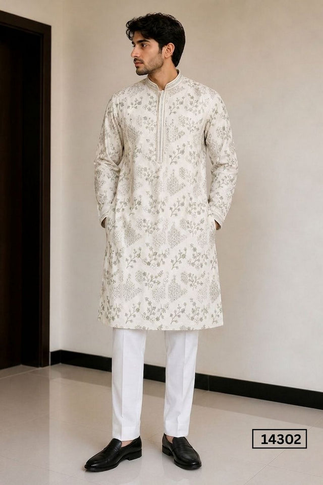 Mens Cream Sequin with Floral Embroidered Silk Kurta Set (14302)