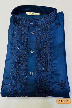 Mens Navy Blue Sequin with Floral Embroidered Cotton Kurta Set (14303)