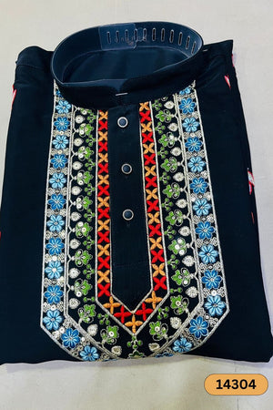 Mens Black Sequin with Floral Embroidered Linen Kurta Set (14304)