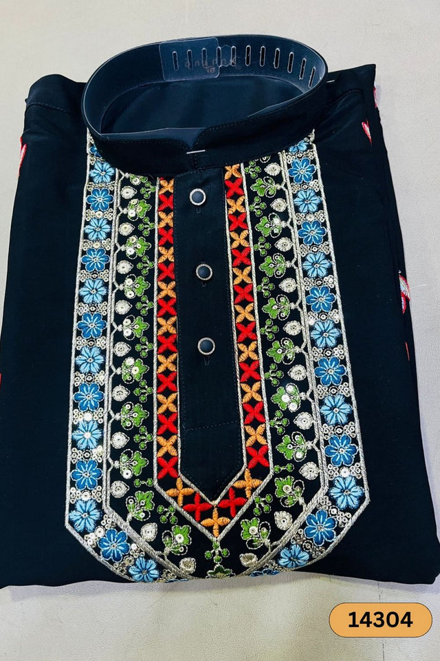 Mens Black Sequin with Floral Embroidered Linen Kurta Set (14304)