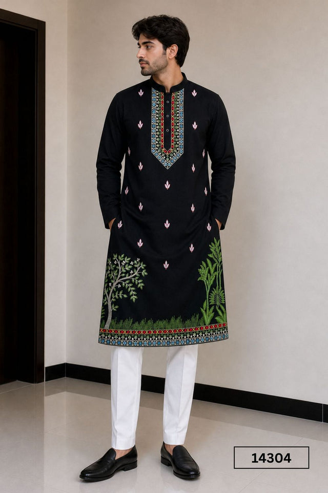 Mens Black Sequin with Floral Embroidered Linen Kurta Set (14304)
