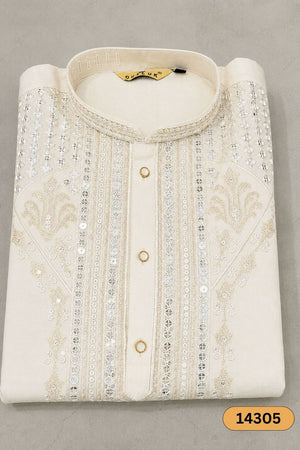 Mens Cream Sequin with Floral Embroidered Silk Kurta Set (14305)
