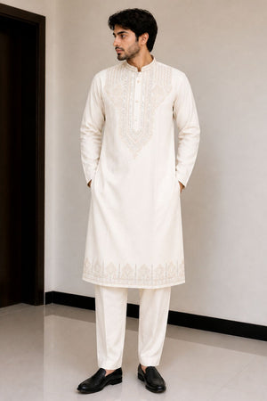 Mens Cream Sequin with Floral Embroidered Silk Kurta Set (14305)