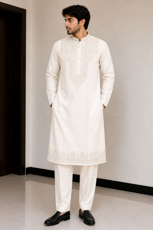 Mens Cream Sequin with Floral Embroidered Silk Kurta Set (14305)