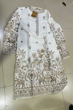 Mens White Sequin with Floral Embroidered Silk Kurta Set (14306)