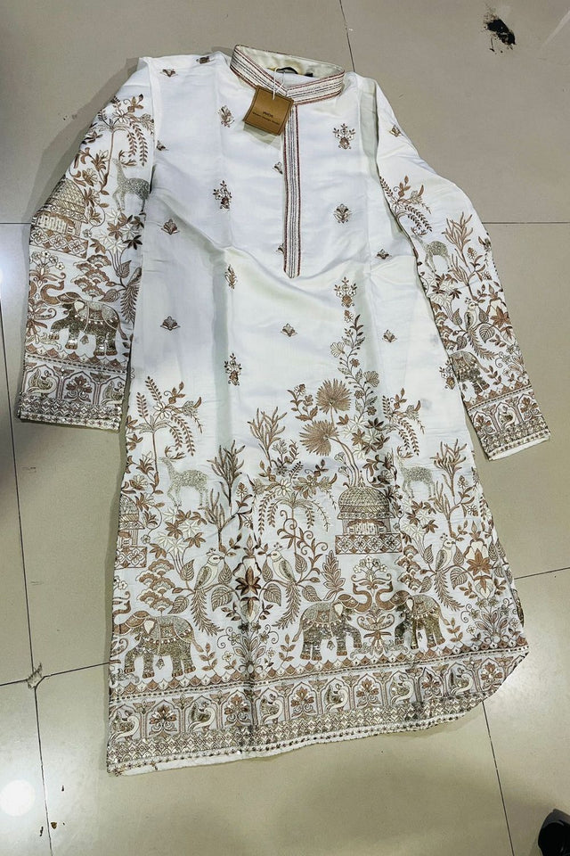 Mens White Sequin with Floral Embroidered Silk Kurta Set (14306)