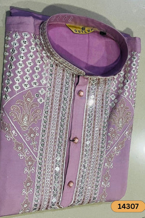 Mens Pink Sequin with Floral Embroidered Silk Kurta Set (14307)