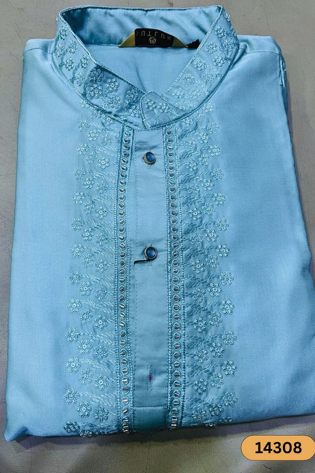 Mens Blue Sequin with Floral Embroidered Satin Kurta Set (14308)