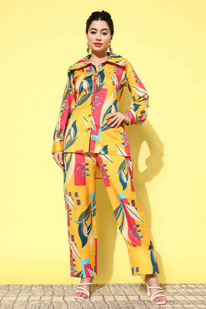 Yellow Abstract Print Satin Co-Ord Set (1433CRDYL)
