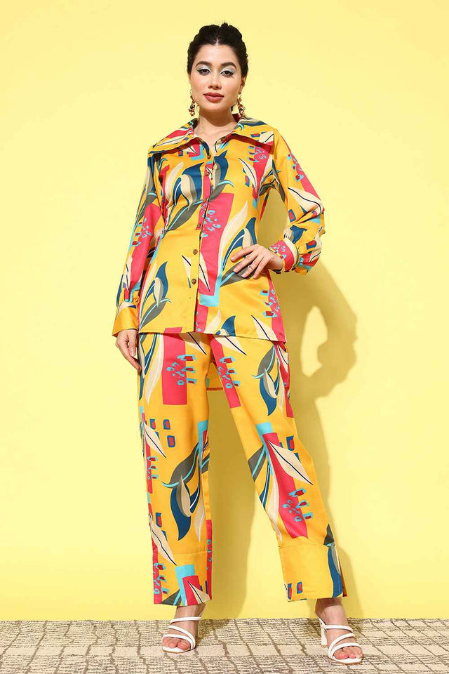 Yellow Abstract Print Satin Co-Ord Set (1433CRDYL)