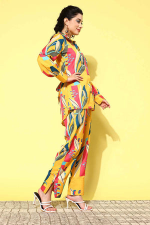 Yellow Abstract Print Satin Co-Ord Set (1433CRDYL)