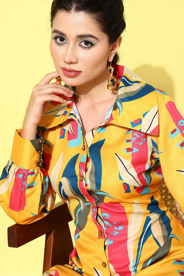 Yellow Abstract Print Satin Co-Ord Set (1433CRDYL)