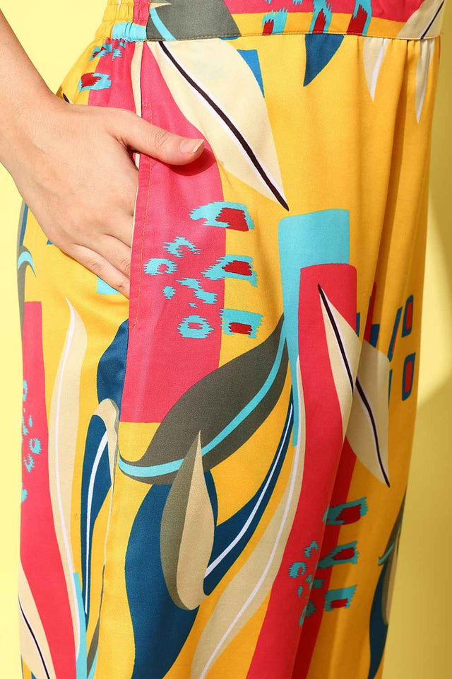 Yellow Abstract Print Satin Co-Ord Set (1433CRDYL)