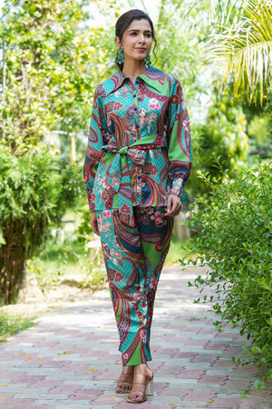 Green Satin Printed Co-Ord Set