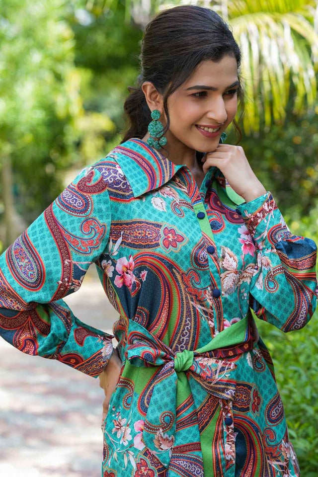 Green Satin Printed Co-Ord Set