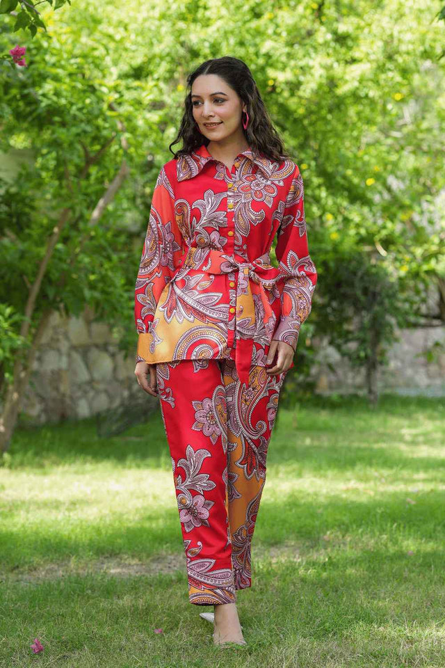 Red Satin Printed Co-Ord Set (1451CRDRD)