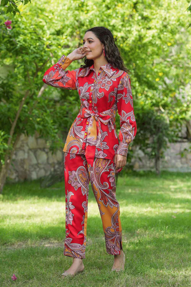 Red Satin Printed Co-Ord Set (1451CRDRD)