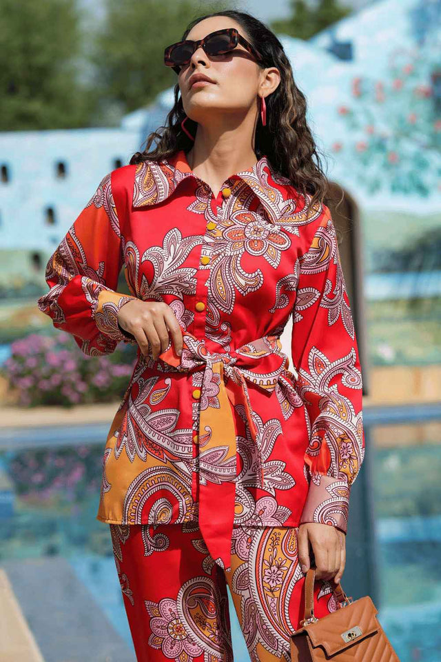 Red Satin Printed Co-Ord Set (1451CRDRD)