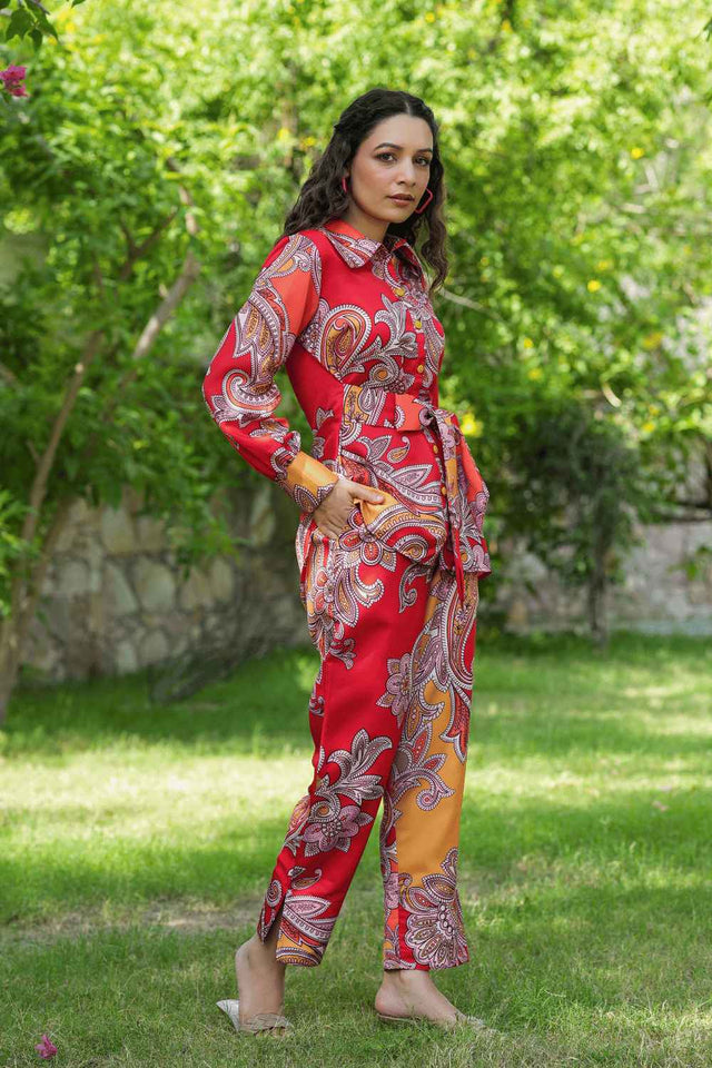 Red Satin Printed Co-Ord Set (1451CRDRD)