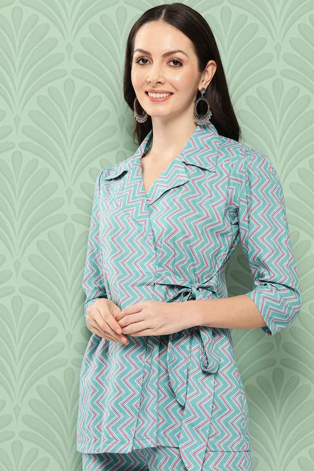 Turquoise Chevron Print Cotton Co-Ord Set