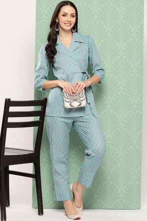 Turquoise Chevron Print Cotton Co-Ord Set