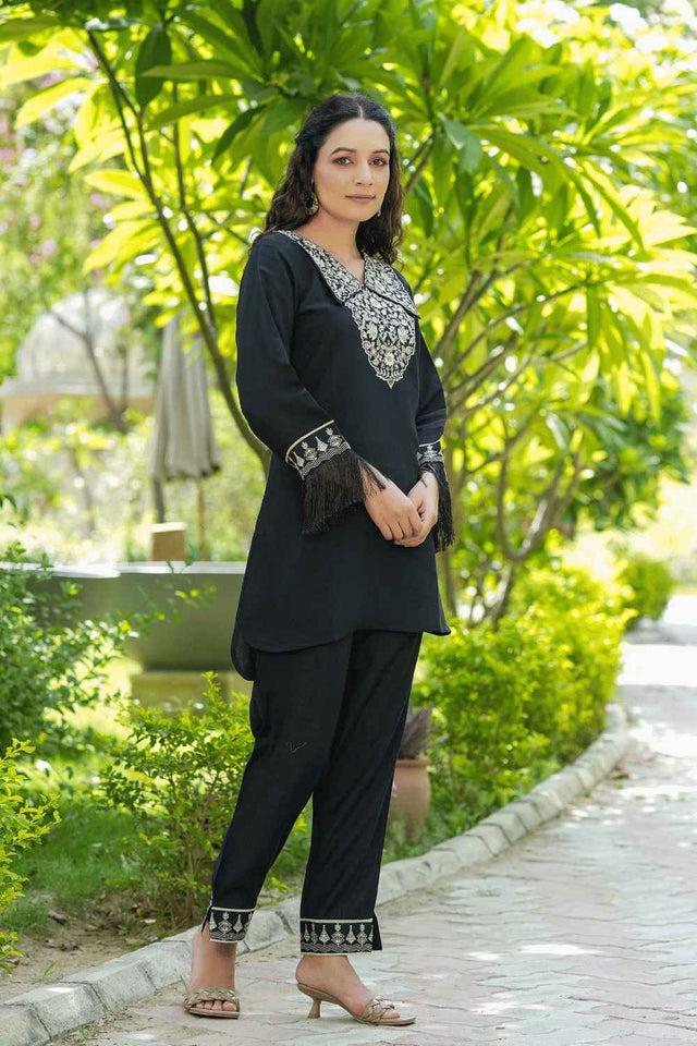 Black Embroidered Silk Co-Ord Set (1476CRDBK)