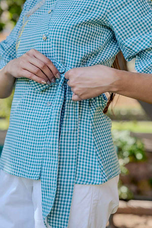 Turquoise Checkered Print Pure Cotton Top