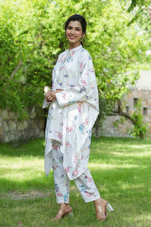 White Floral Print Silk Co-Ord Set (1507CRDWH)