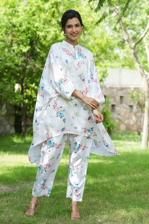 White Floral Print Silk Co-Ord Set (1507CRDWH)