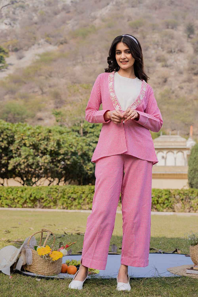 Pink Embroidered Cotton Co-Ord Set