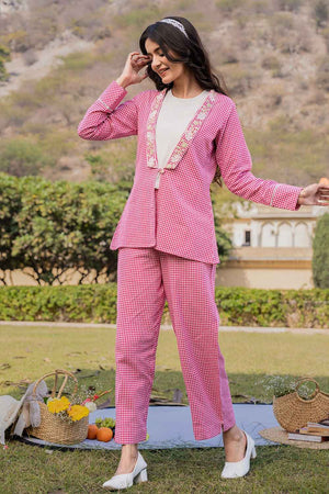 Pink Embroidered Cotton Co-Ord Set