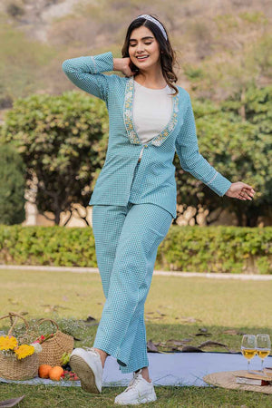 Turquoise Embroidered Cotton Co-Ord Set