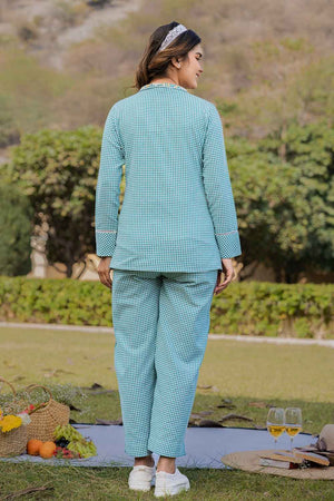 Turquoise Embroidered Cotton Co-Ord Set