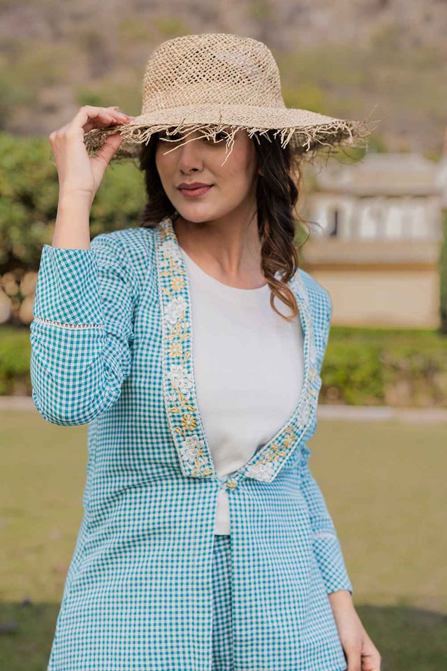 Turquoise Embroidered Cotton Co-Ord Set