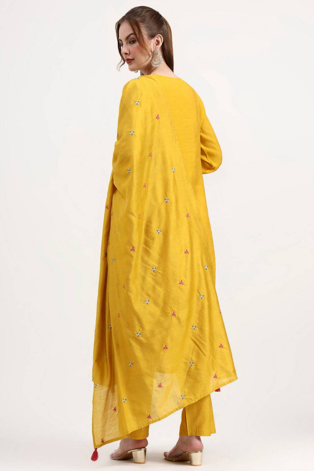 Yellow Embroidered Silk Anarkali Suit Set
