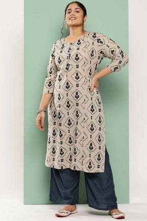 Beige Printed Cotton Kurti Palazzo Set
