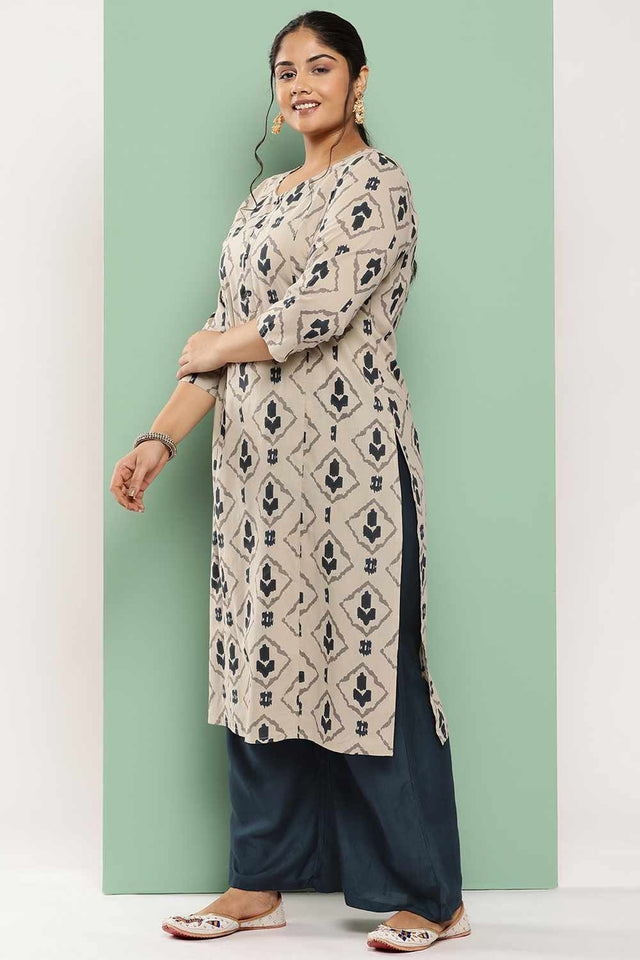 Beige Printed Cotton Kurti Palazzo Set