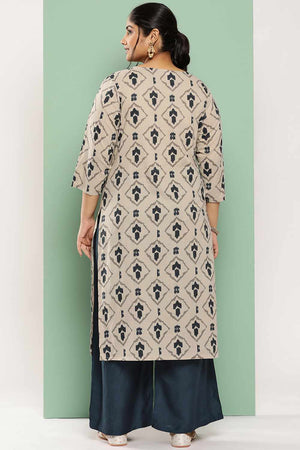 Beige Printed Cotton Kurti Palazzo Set