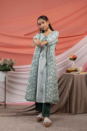 Green Floral Print Lace Work Pure Cotton Kurti Pant Set
