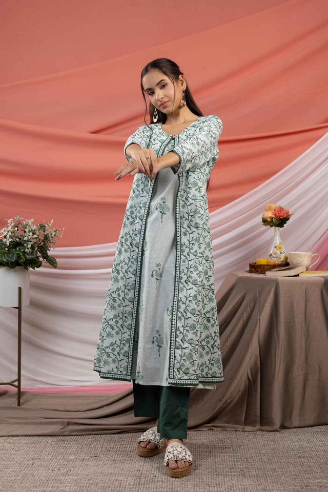 Green Floral Print Lace Work Pure Cotton Kurti Pant Set
