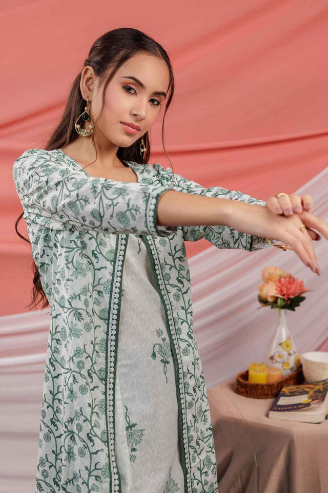 Green Floral Print Lace Work Pure Cotton Kurti Pant Set