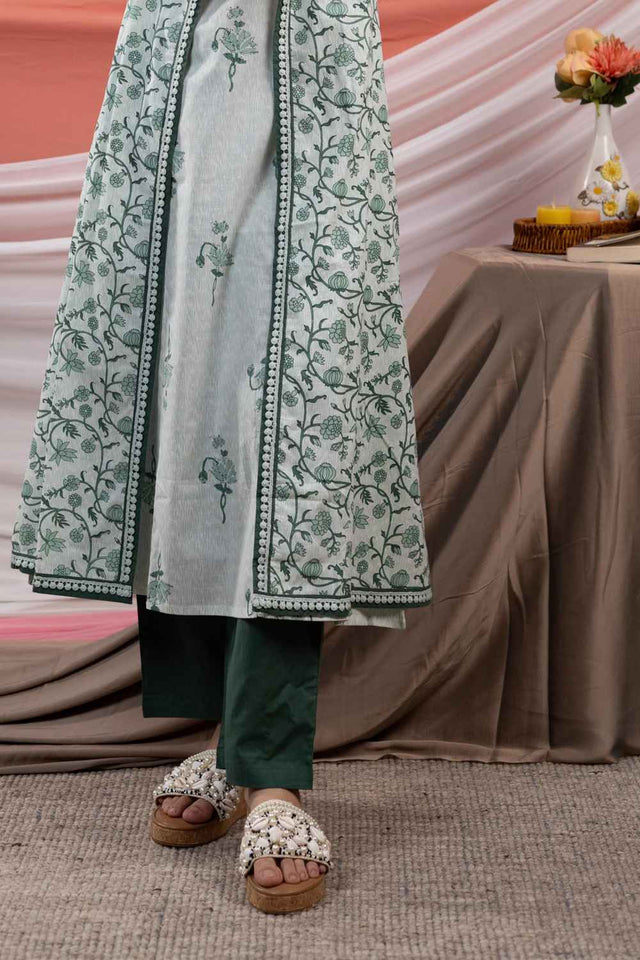 Green Floral Print Lace Work Pure Cotton Kurti Pant Set