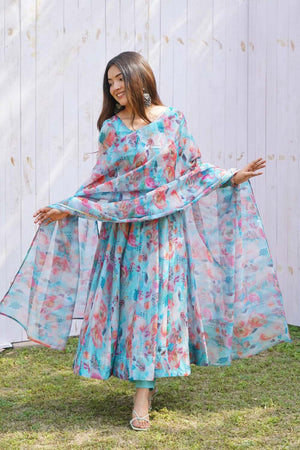 Multi-Color Organza Floral Print Full Sleeves Anarkali Suit Set