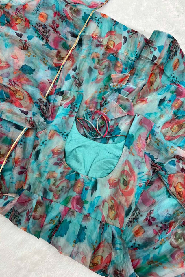 Multi-Color Organza Floral Print Full Sleeves Anarkali Suit Set